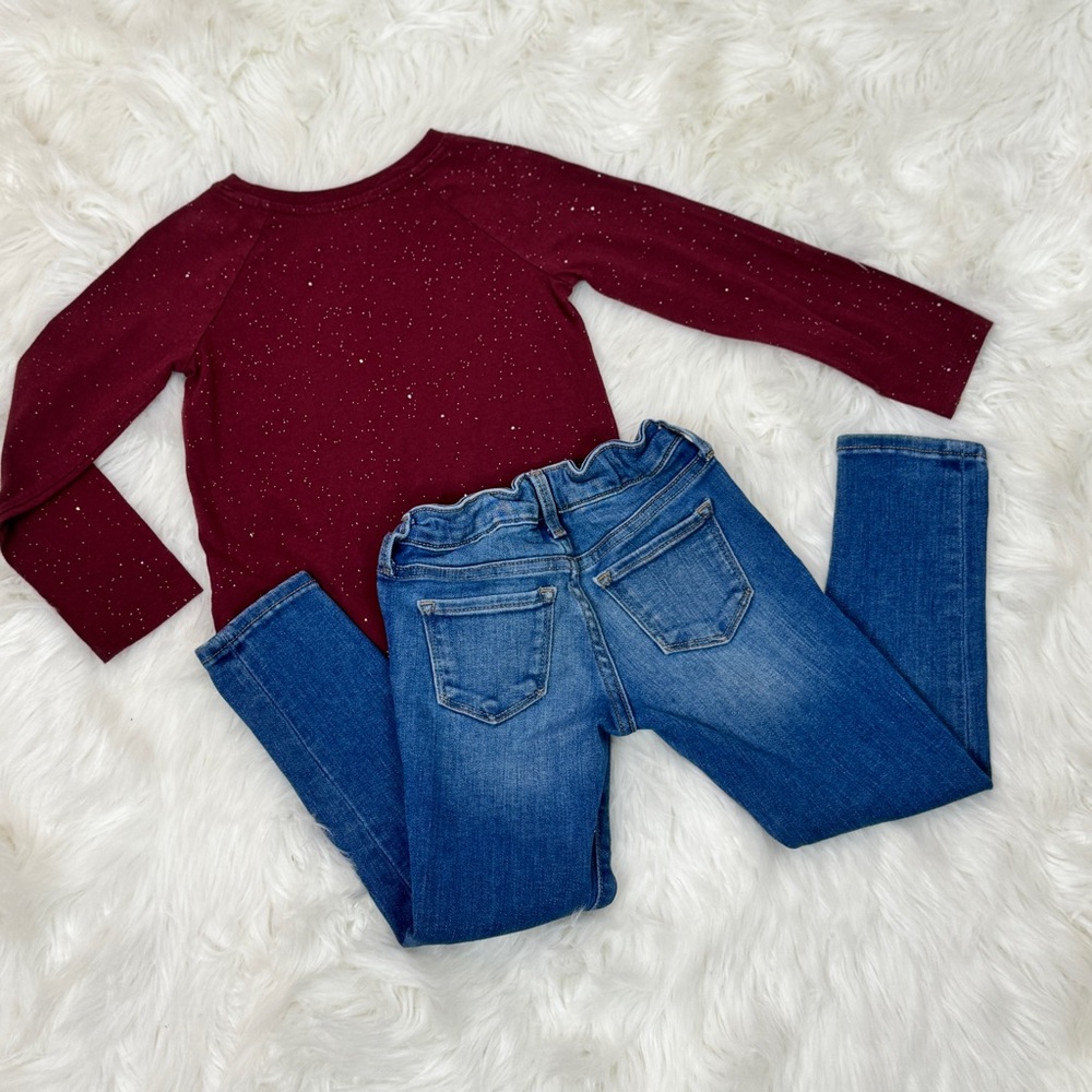 Cat & Jack Maroon Glitter Top & GAP Super Skinny Jeans Set - 5T - Picture 3 of 8